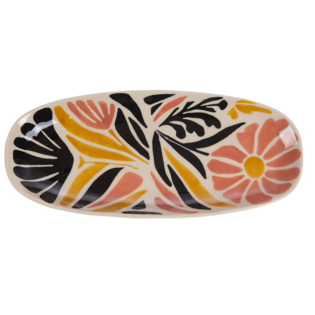 PLAT OVALE MARGOT DECOR FLEUR EN GRES 31 x 3 x 14 cm - Photo N°1