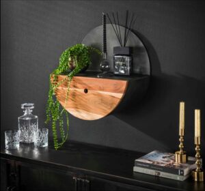 ETAGERE MURALE METAL ET BOIS RONDE AVEC 1TIROIR 50 X 25 X 50 CM