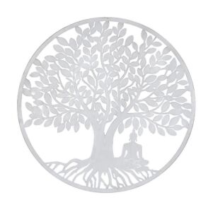 DECORATION MURALE RONDE EN METAL BLANC ARBRE DE VIE ET BOUDDHA 100 CM