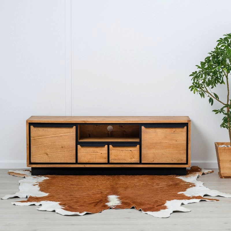 MEUBLE TV RETRO 2 P - 2T - 1 NICHE EN PIN MASSIF ET NOIR 160 X 55 X 40 cm - Photo N°4