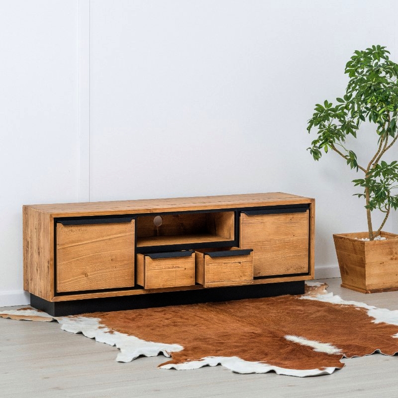 MEUBLE TV RETRO 2 P - 2T - 1 NICHE EN PIN MASSIF ET NOIR 160 X 55 X 40 cm - Photo N°3