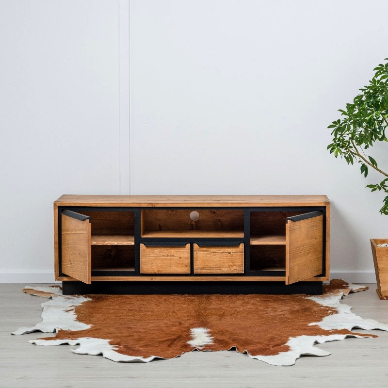 MEUBLE TV RETRO 2 P - 2T - 1 NICHE EN PIN MASSIF ET NOIR 160 X 55 X 40 cm - Photo N°2