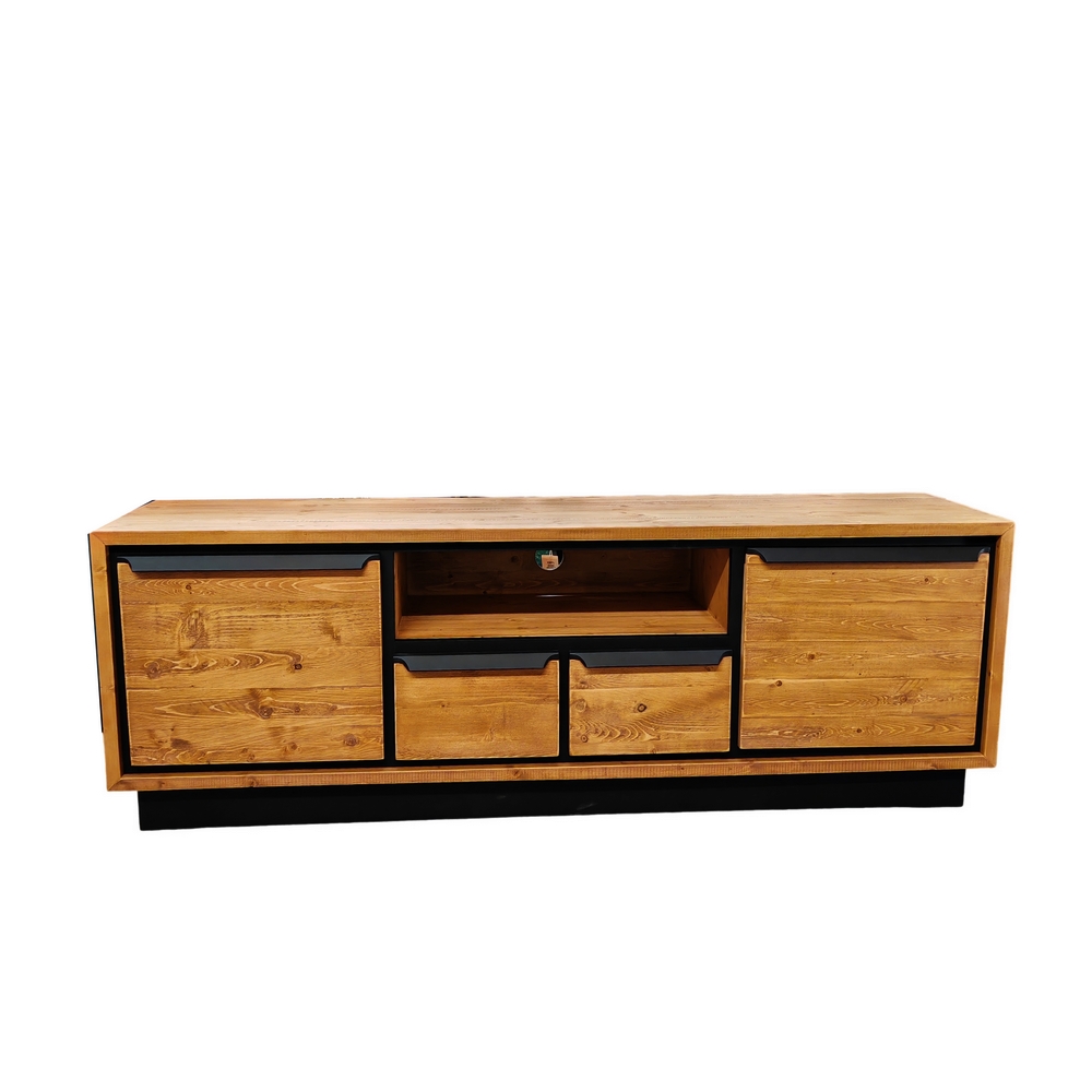 MEUBLE TV RETRO 2 P - 2T - 1 NICHE EN PIN MASSIF ET NOIR 160 X 55 X 40 cm - Photo N°1