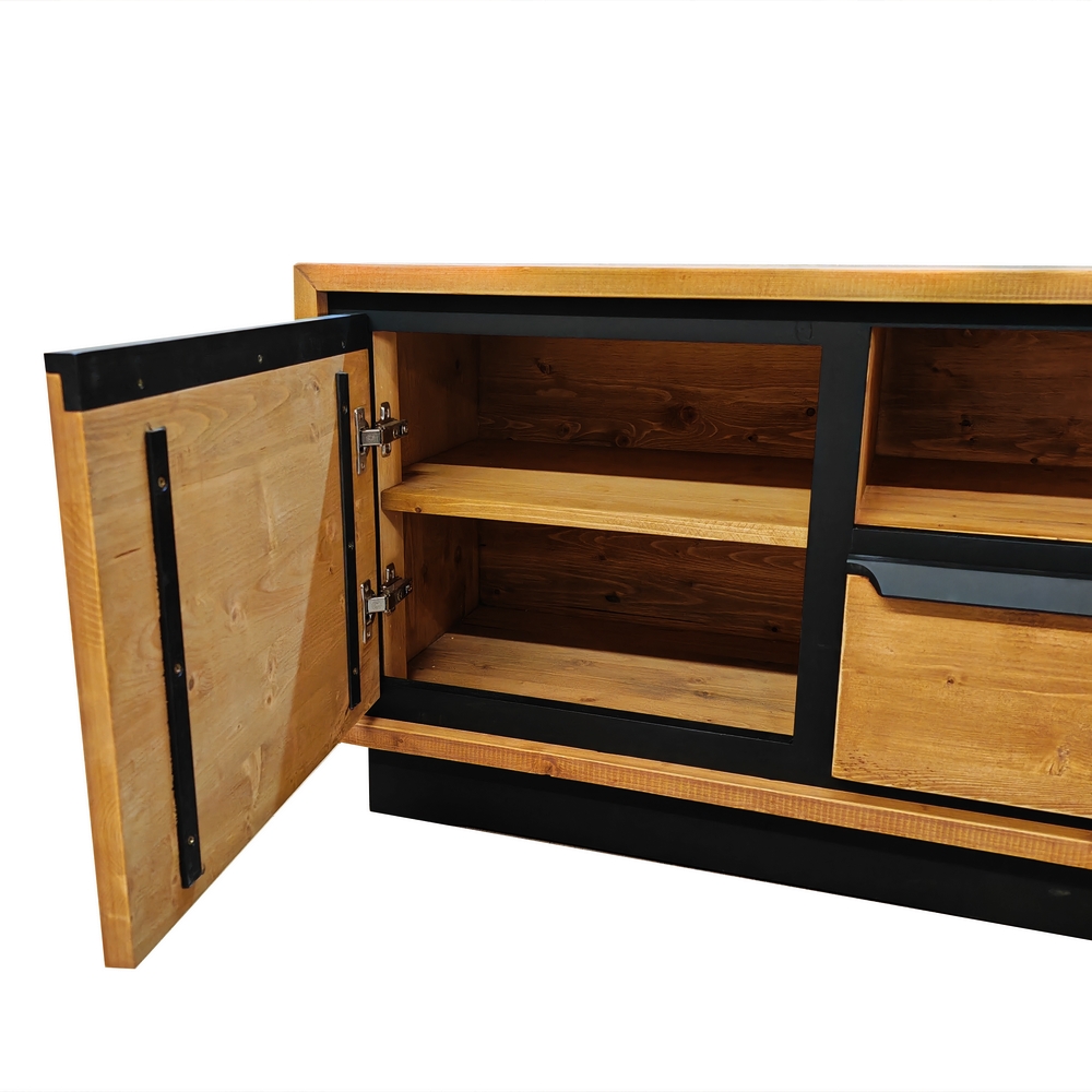 MEUBLE TV RETRO 2 P - 2T - 1 NICHE EN PIN MASSIF ET NOIR 160 X 55 X 40 cm - Photo N°6