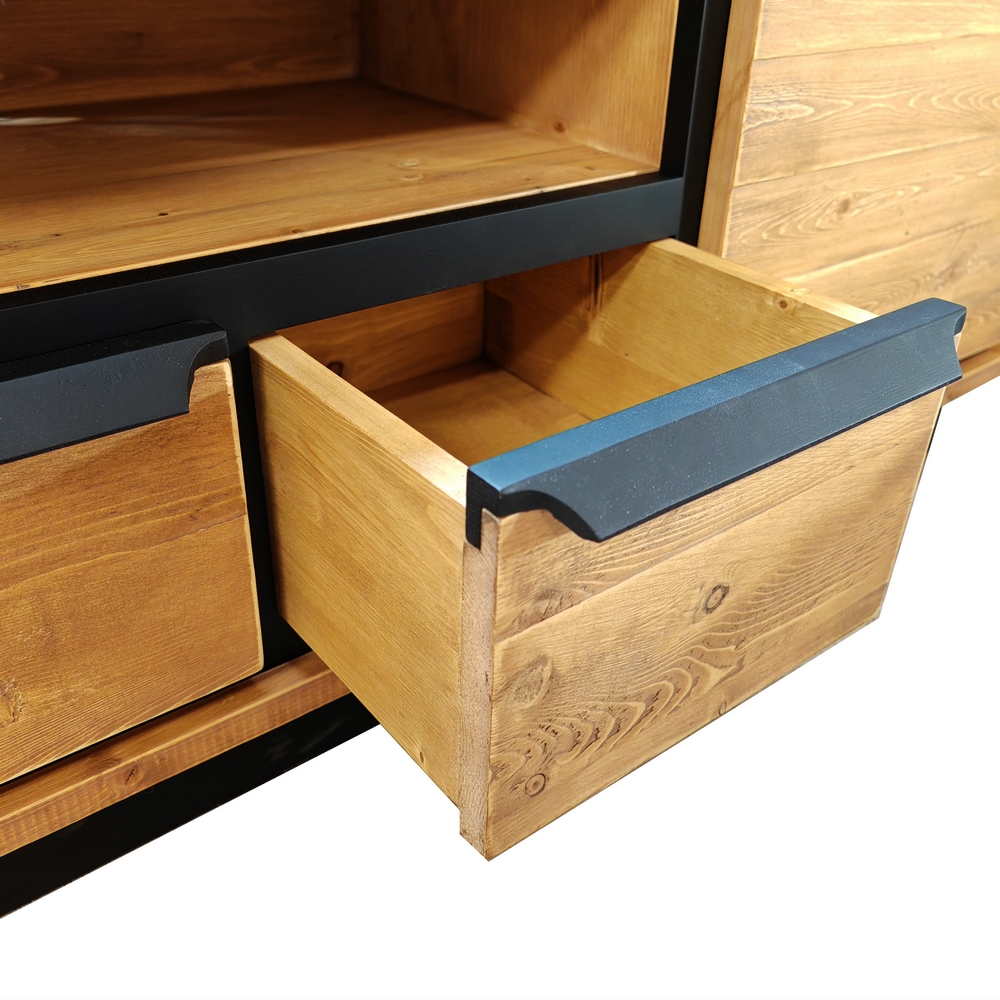 MEUBLE TV RETRO 2 P - 2T - 1 NICHE EN PIN MASSIF ET NOIR 160 X 55 X 40 cm - Photo N°5