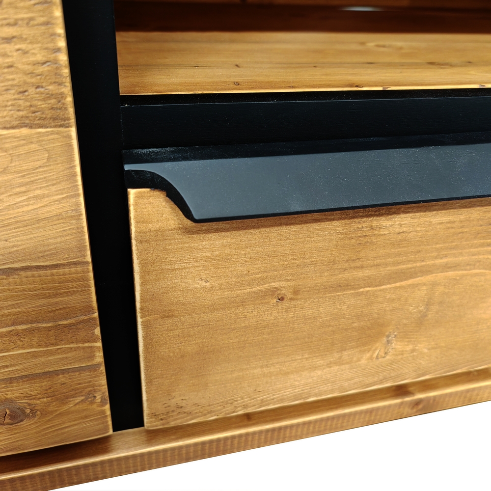 MEUBLE TV RETRO 2 P - 2T - 1 NICHE EN PIN MASSIF ET NOIR 160 X 55 X 40 cm - Photo N°9