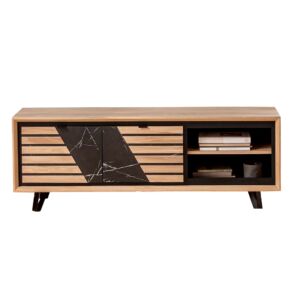 MEUBLE TV STORIA 2 PORTES 2 NICHES 150 X 55 X 40 CM CHENE MASSIF DECOR MARBRE