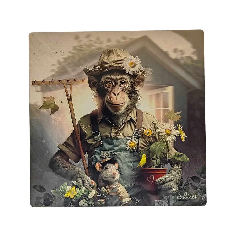 IMPRESSION S BINET SINGE JARDINIER SUR DIBOND AVEC ATTACHE 20 X 20 CM - Photo N°1