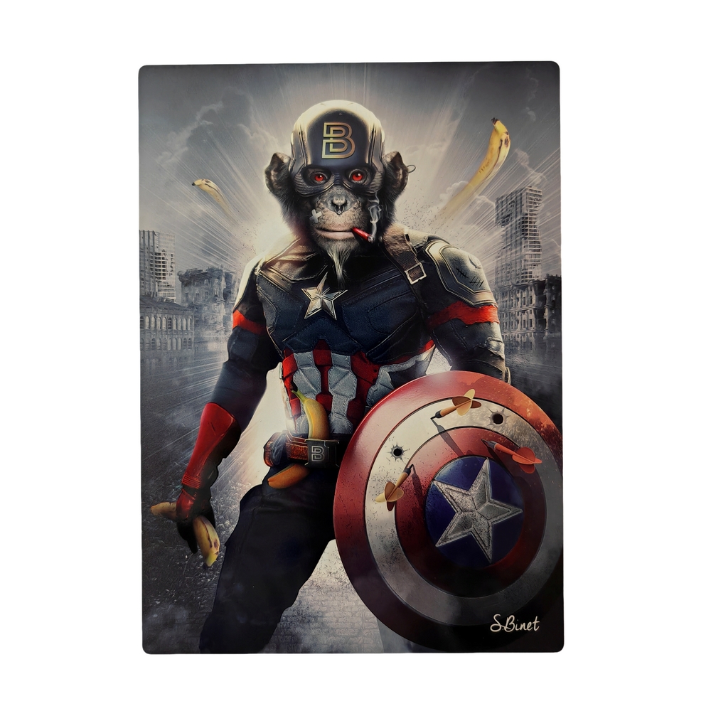 IMPRESSION S BINET SINGE CAPTAIN AMERICA SUR DIBOND AVEC ATTACHE 20 X 28 CM - Photo N°1