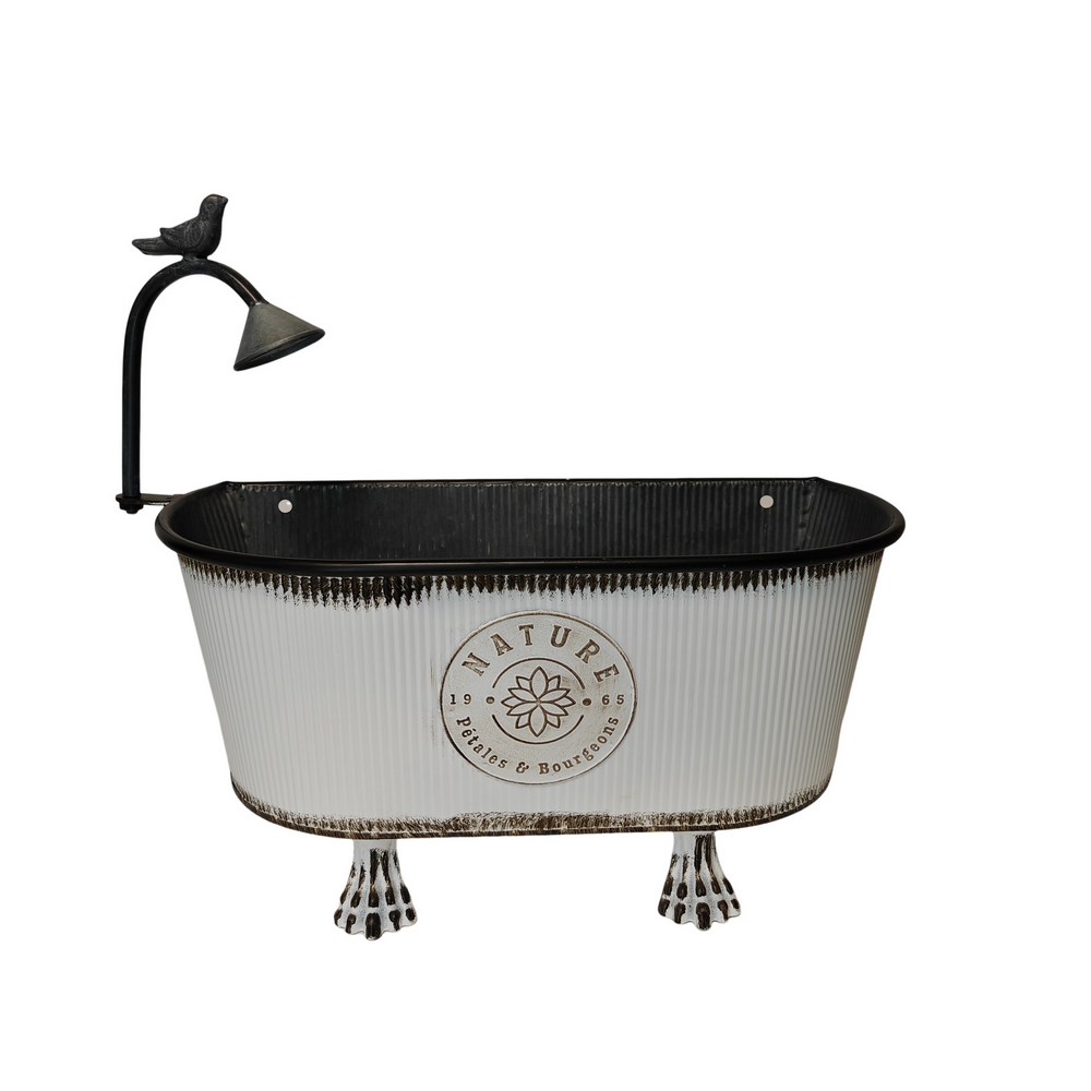 JARDINIERE EN METAL BLANC NATURE PETALES ET BOURGEONS POMMEAU 46 X 20 X 38 CM - Photo N°1