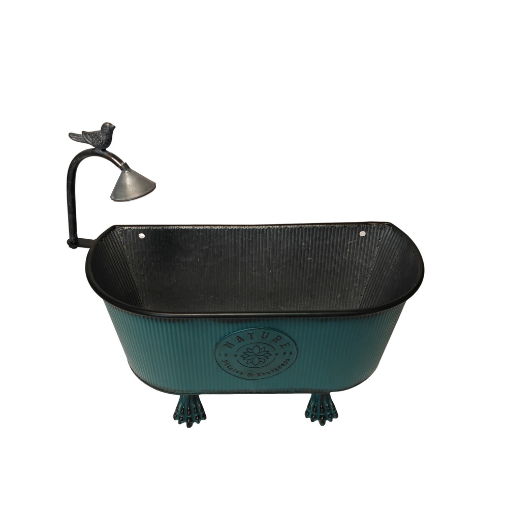 JARDINIERE EN METAL BLEU NATURE PETALES ET BOURGEONS ARROSOIR 46 X 20 X 38 CM - Photo N°2