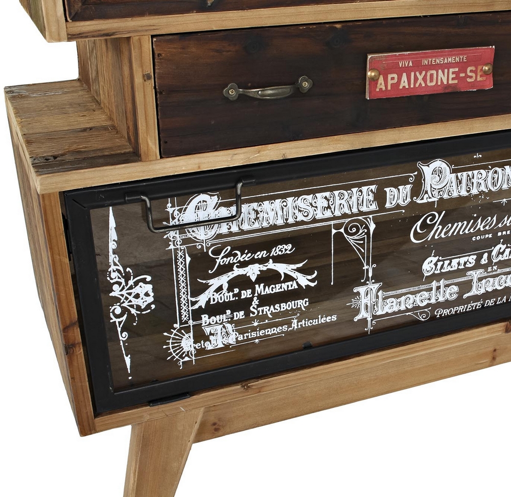 MEUBLE COMMODE MULTINIVEAUX 7 TIROIRS 1 PORTE BOIS VIEILLI 70 X 33.5 X 111 CM - Photo N°5