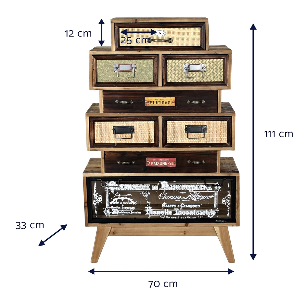 MEUBLE COMMODE MULTINIVEAUX 7 TIROIRS 1 PORTE BOIS VIEILLI 70 X 33.5 X 111 CM - Photo N°2