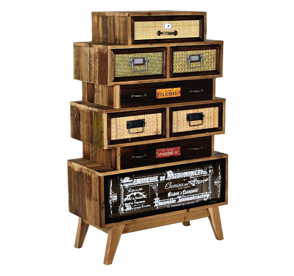 MEUBLE COMMODE MULTINIVEAUX 7 TIROIRS 1 PORTE BOIS VIEILLI 70 X 33.5 X 111 CM - Photo N°1