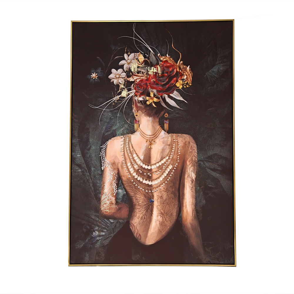 PEINTURE DE FEMME DOS NU TATOUE COIFFE DE FLEURS 80 X 120  CM - Photo N°1
