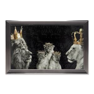 FAMILLE ROYALE DE LIONS  ENCADRE LIQUID ART ET STRASS 76 X 116 CM