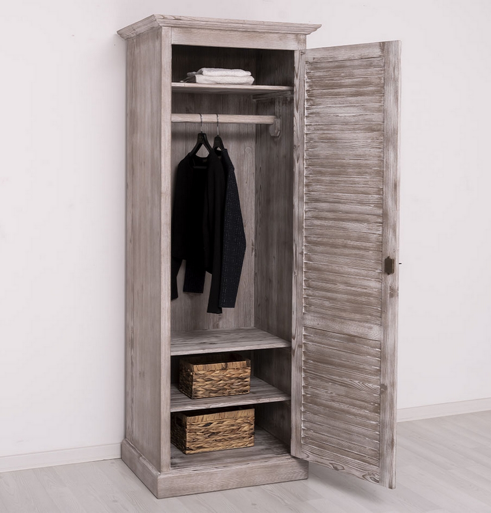 ARMOIRE PENDERIE 1 PORTE PERSIENNE PIN MASSIF LASURE GRISE 76 X 200 X 59 CM - Photo N°4