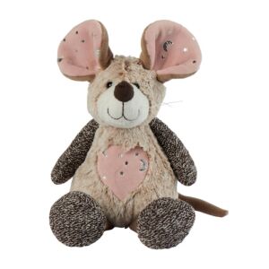 SOURIS FILLE NAHIA MARRON AVEC GROS COEUR ROSE 36 CM