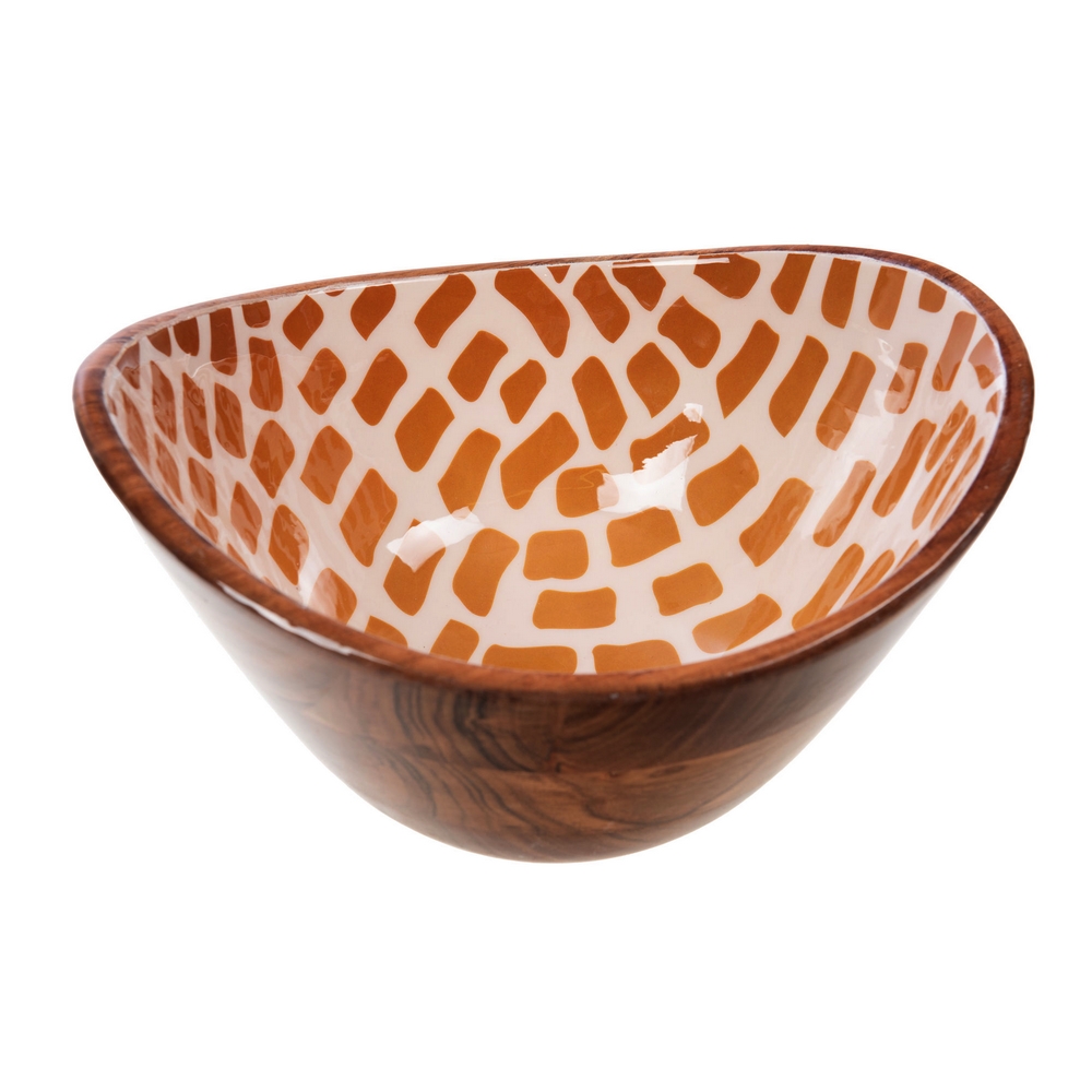 SALADIER ISIS BOIS D'ACACIA ET DECOR MOUTARDE ET BLANC 30 X 14 CM - Photo N°3