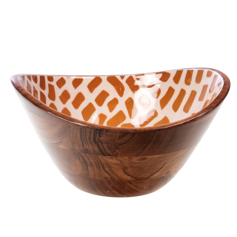 SALADIER ISIS BOIS D'ACACIA ET DECOR MOUTARDE ET BLANC 30 X 14 CM - Photo N°1