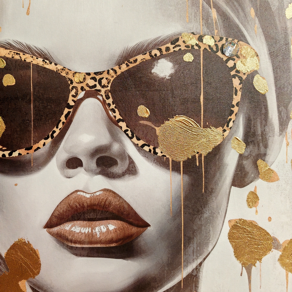 PEINTURE VISAGE DE FEMME LUNETTE ET DORE 70 X 70 X 3.5  CM - Photo N°4