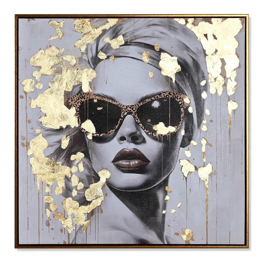 PEINTURE VISAGE DE FEMME LUNETTE ET DORE 70 X 70 X 3.5  CM - Photo N°5