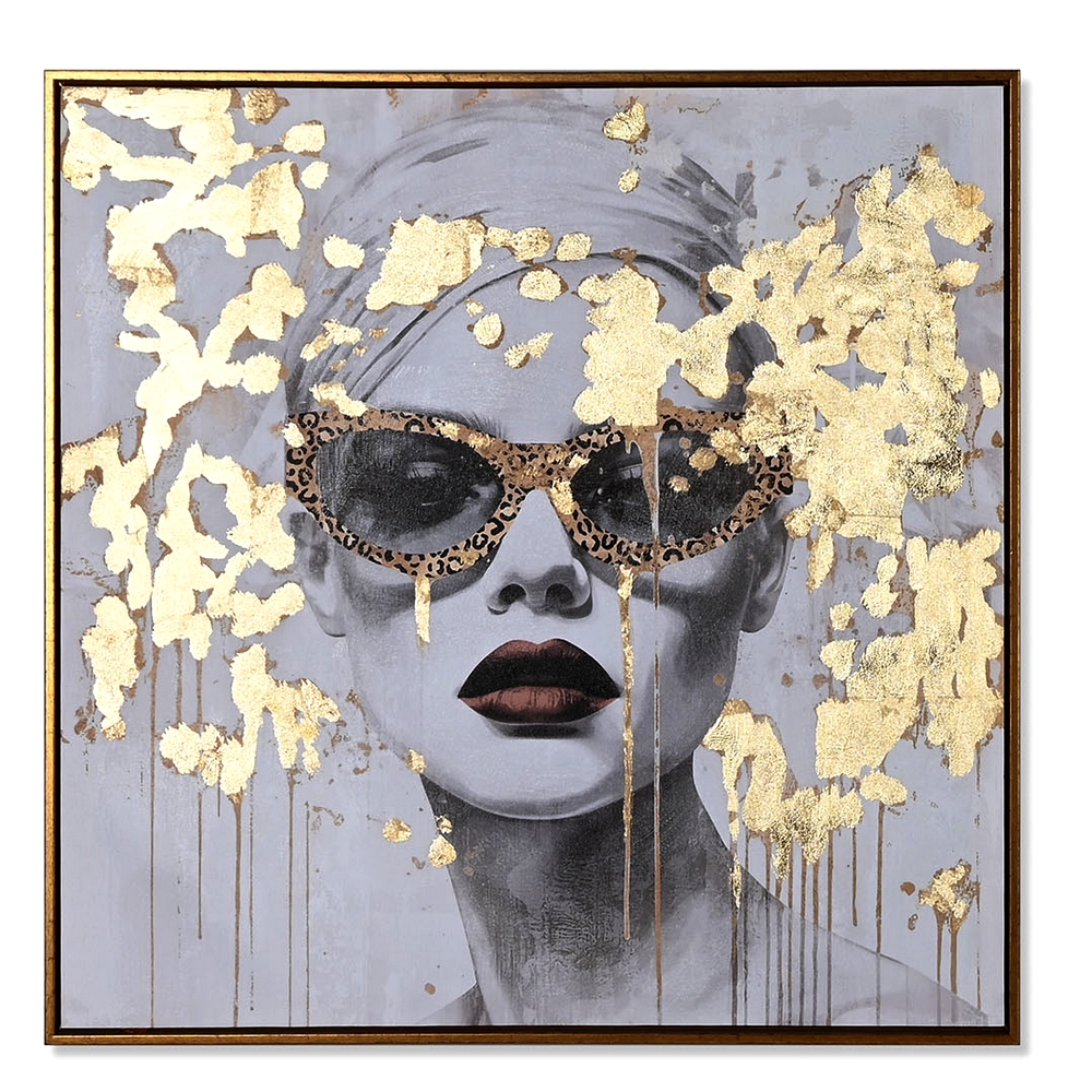 PEINTURE VISAGE DE FEMME LUNETTE ET DORE 70 X 70 X 3.5  CM - Photo N°2