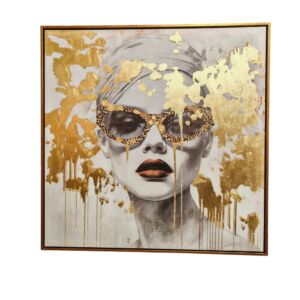 PEINTURE VISAGE DE FEMME LUNETTE ET DORE 70 X 70 X 3.5  CM