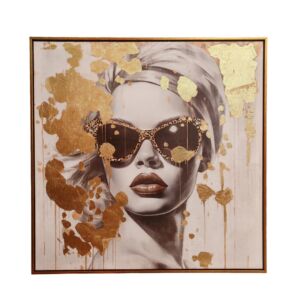 PEINTURE VISAGE DE FEMME LUNETTE ET DORE 70 X 70 X 3.5  CM
