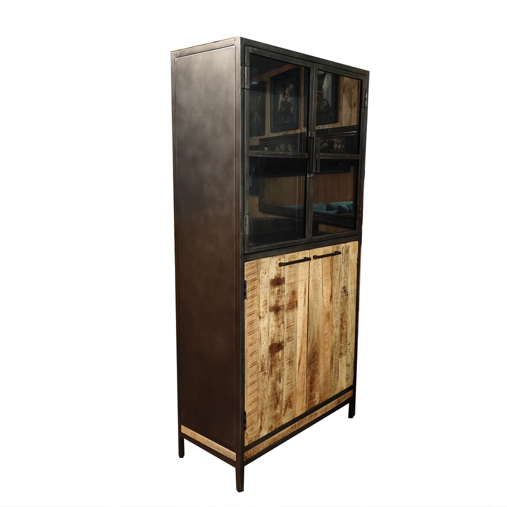 MEUBLE HAUT VITRINE MANGUIER ET METAL 2 PORTES VITREES  2 PORTES 90 X 40 X 180 - Photo N°3