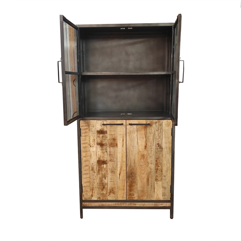 MEUBLE HAUT VITRINE MANGUIER ET METAL 2 PORTES VITREES  2 PORTES 90 X 40 X 180 - Photo N°5