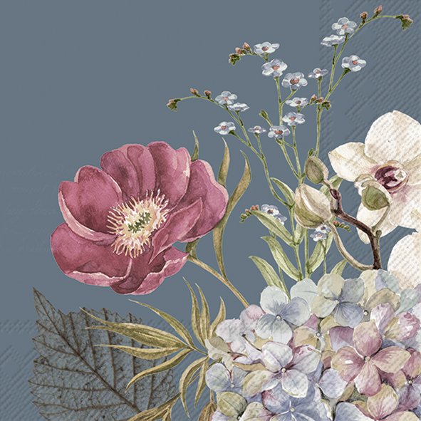 20 SERVIETTES EN PAPIER BELLES FLEURS FOND BLEU 33 X 33 CM - Photo N°1