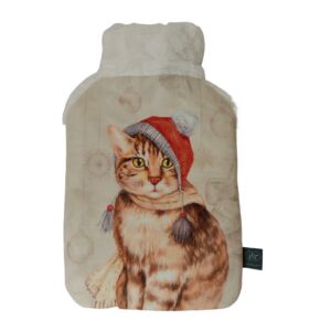 BOUILLOTTE CHAT PERE NOEL EN FAUSSE FOURRURE CREME 20.5 X 34 CM