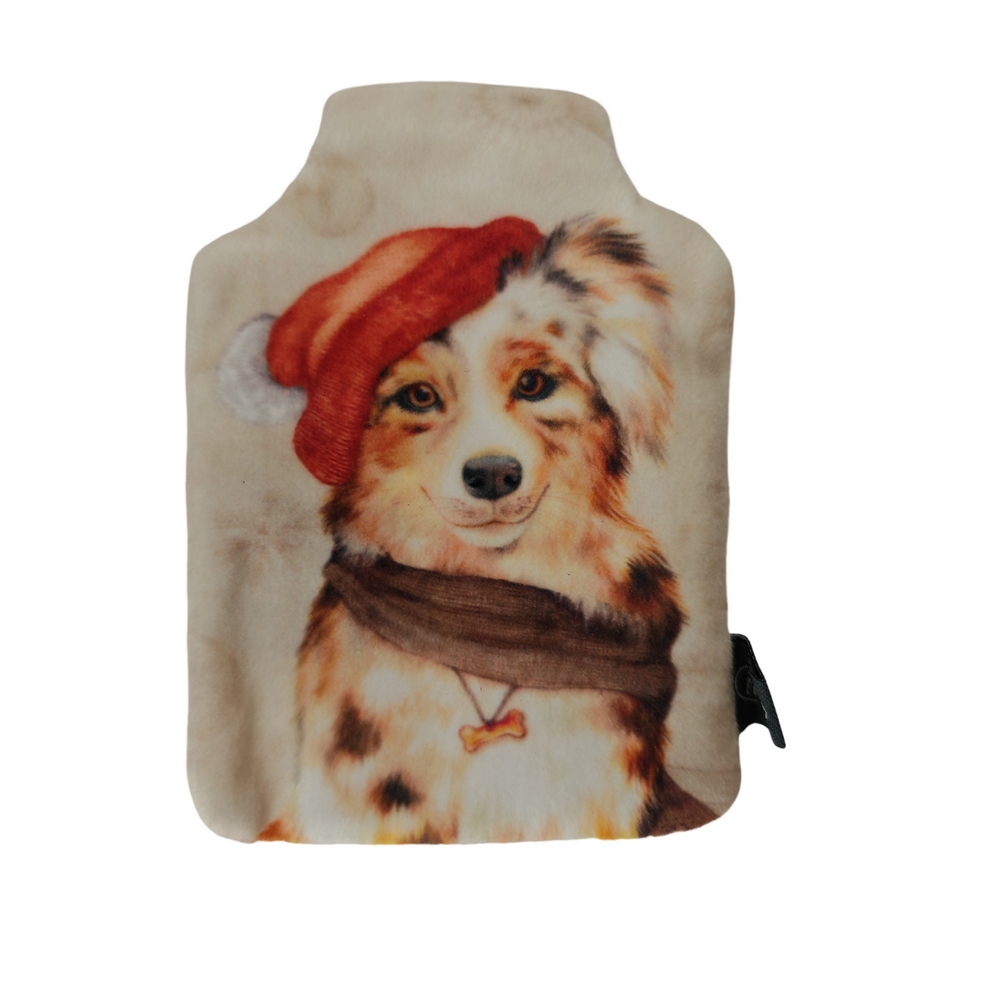 CHAUFFE MAINS CHIEN PERE NOEL EN POLAIRE CREME 8.5 X 12.5 CM - Photo N°1