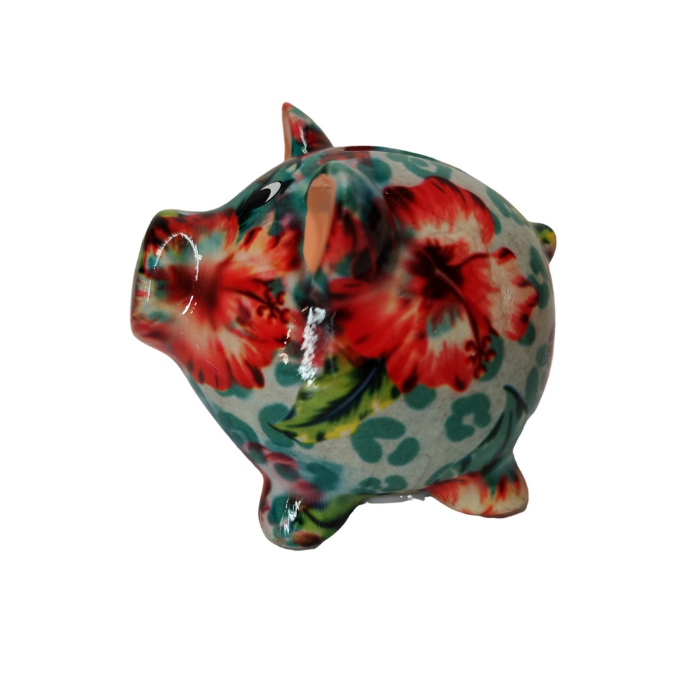 TIRELIRE ROSIE COCHON POMME PIDOU VERTE ET FLEURS - Photo N°1