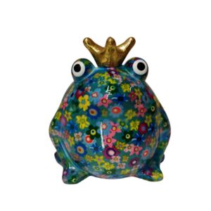 TIRELIRE GRENOUILLE FREDDY POMME PIDOU VERTE ET DECOR DE FLEURS