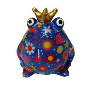 TIRELIRE GRENOUILLE FREDDY POMME PIDOU BLEUE ET DECORS MULTICOLORE