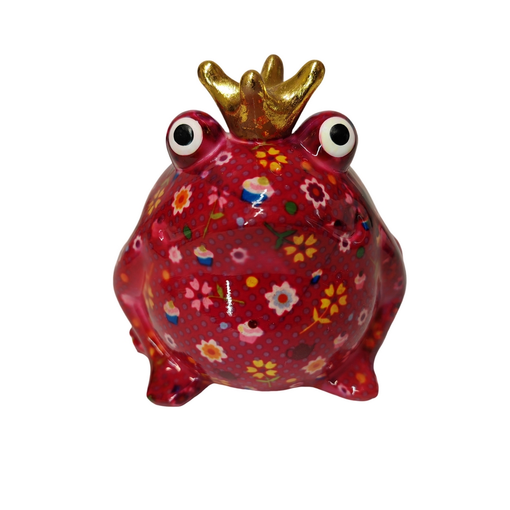 TIRELIRE GRENOUILLE FREDDY POMME PIDOU ROUGE ET DECOR DE FLEURS - Photo N°1