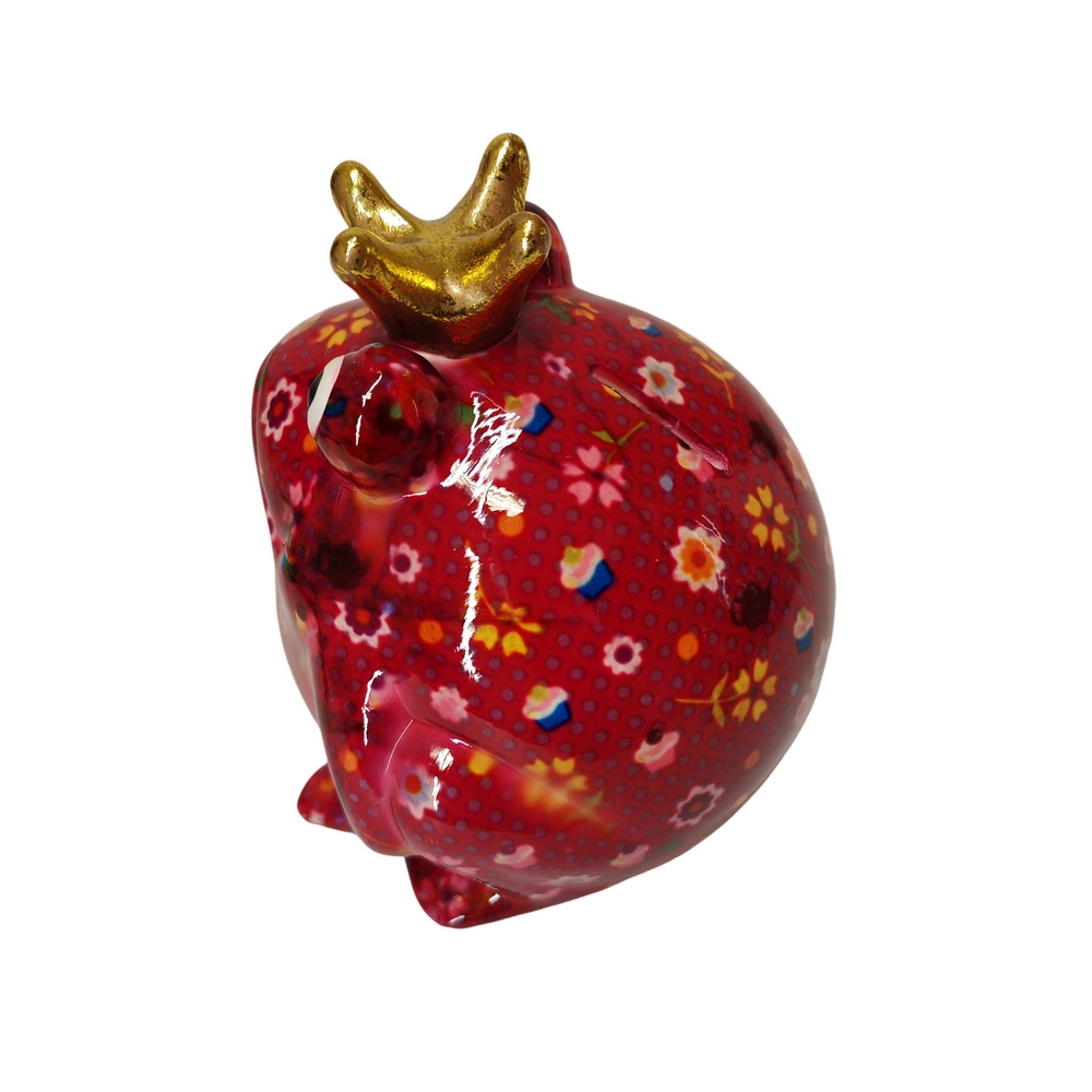 TIRELIRE GRENOUILLE FREDDY POMME PIDOU ROUGE ET DECOR DE FLEURS - Photo N°3