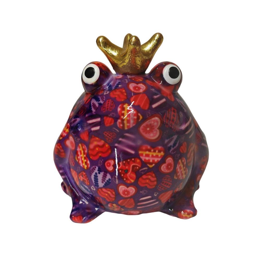 TIRELIRE GRENOUILLE FREDDY POMME PIDOU VIOLETTE ET DECOR DE COEURS - Photo N°1
