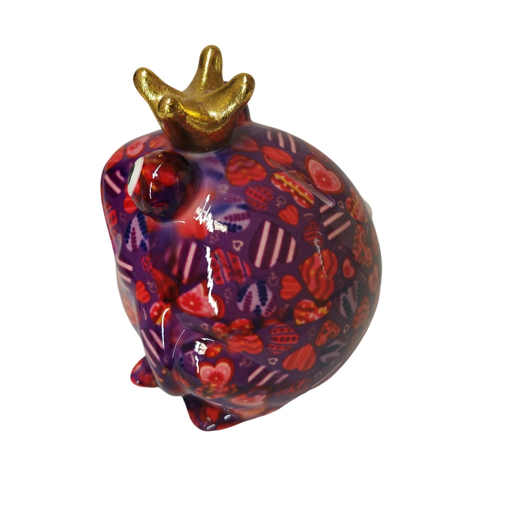 TIRELIRE GRENOUILLE FREDDY POMME PIDOU VIOLETTE ET DECOR DE COEURS - Photo N°3