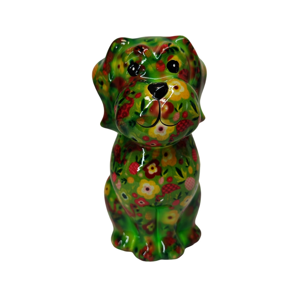 TIRELIRE CHIEN POMME PIDOU VERT ET FLEURS - Photo N°1