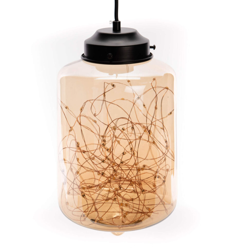 SUSPENSION LAMPE VERRE ET GUIRLANDE LED COULEUR AMBRE 18 X 150 X 18 CM - Photo N°1