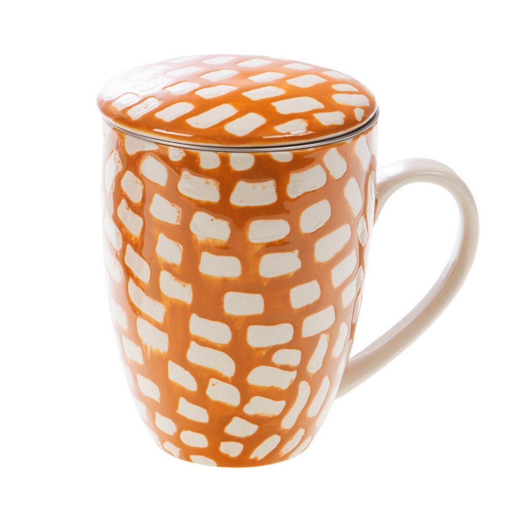 MUG TISANIERE ISIS DECOR MOUTARDE ET BLANC EN GRES 12 X 9 CM - Photo N°3