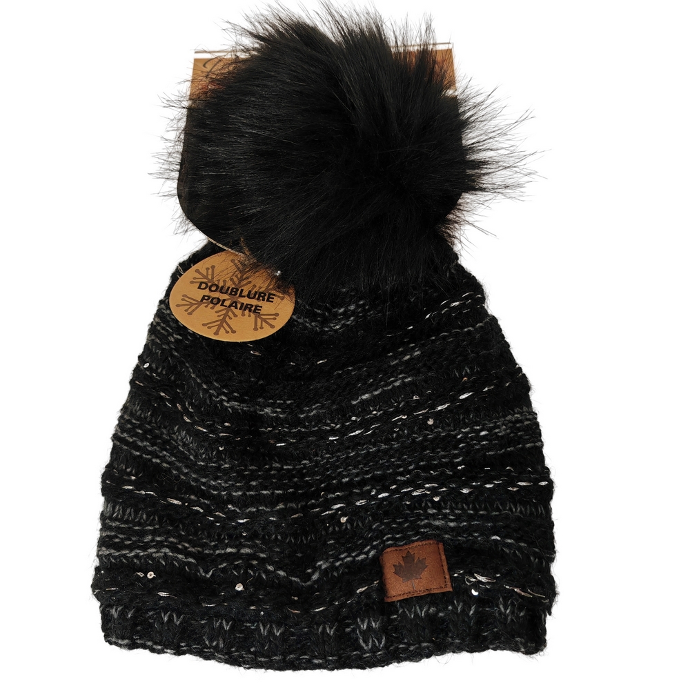BONNET DOUBLURE POLAIRE POMPON COULEUR NOIR ET GRIS 24 X 30 CM - Photo N°1