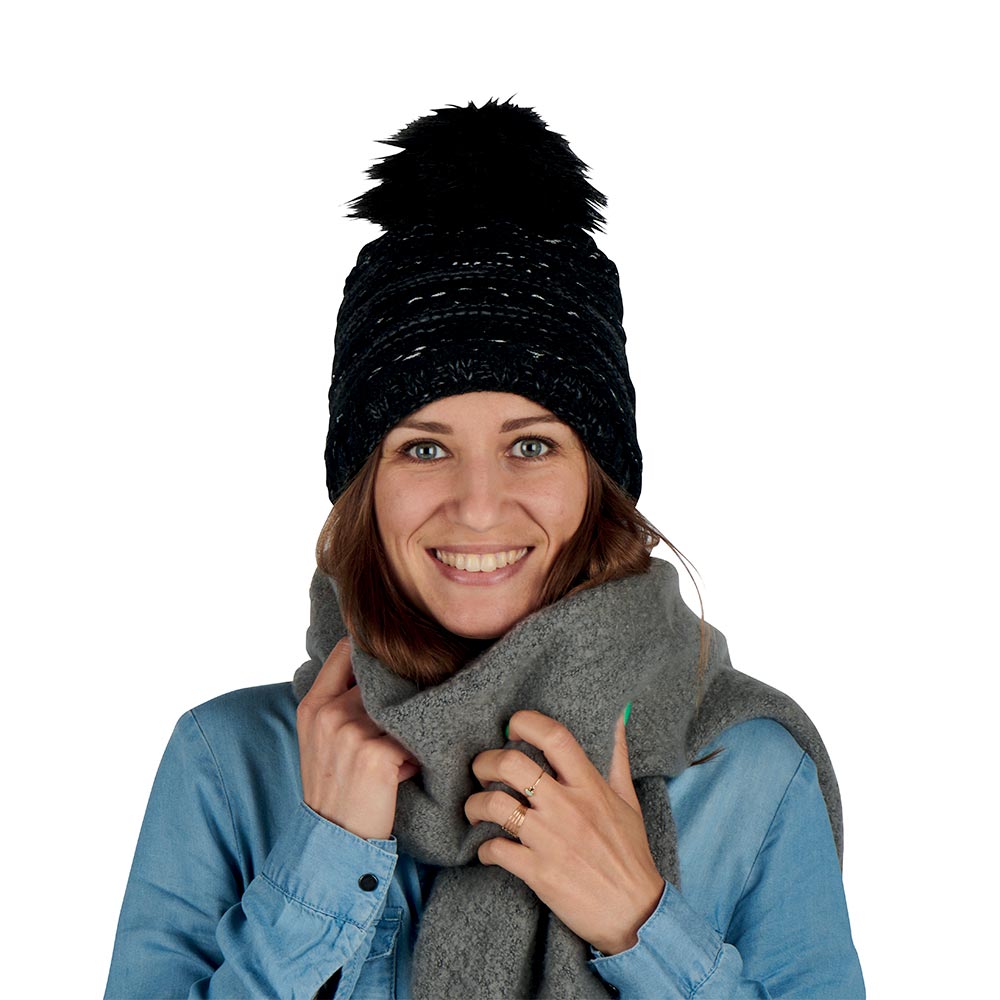 BONNET DOUBLURE POLAIRE POMPON COULEUR NOIR ET GRIS 24 X 30 CM - Photo N°2
