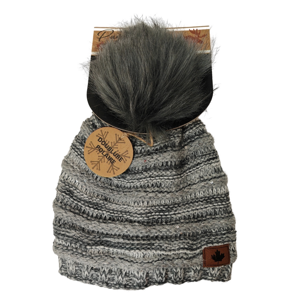 BONNET DOUBLURE POLAIRE POMPON COULEUR GRIS ET GRIS FONCE 24 X 30 CM - Photo N°5