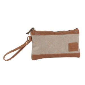 POCHETTE ZIPPE TOILE BI-MATIERE BEIGE ET MARRON 24 X 14.5 CM