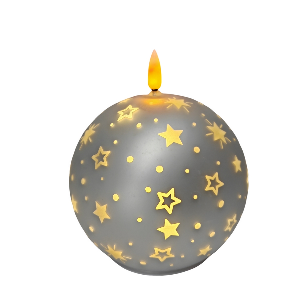 BOUGIE LED BOULE GRIS ARGENT EN VERRE DECOR ETOILES 12 X 13.5 X 12 CM - Photo N°1