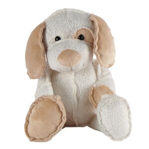 PELUCHE CHIEN SAM BLANC ET MARRON PAILLETE COUTURES APPARENTES 34 CM
